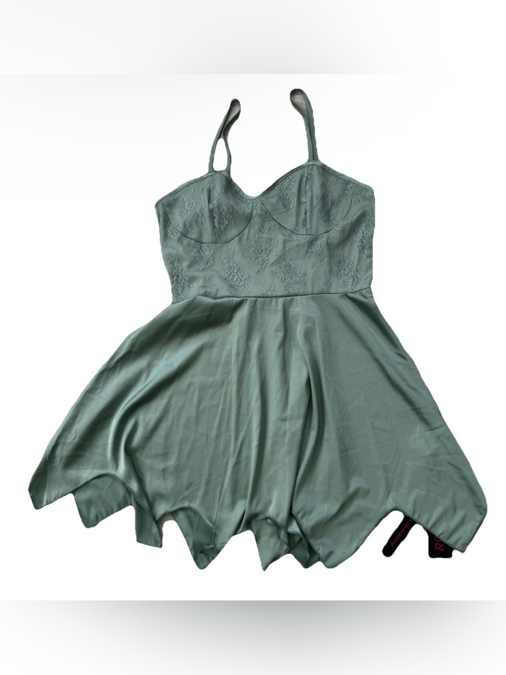 NWT ROMWE Sage Green Fairycore Slip Dress Lace Satin Sharkbite Hem Babydoll L